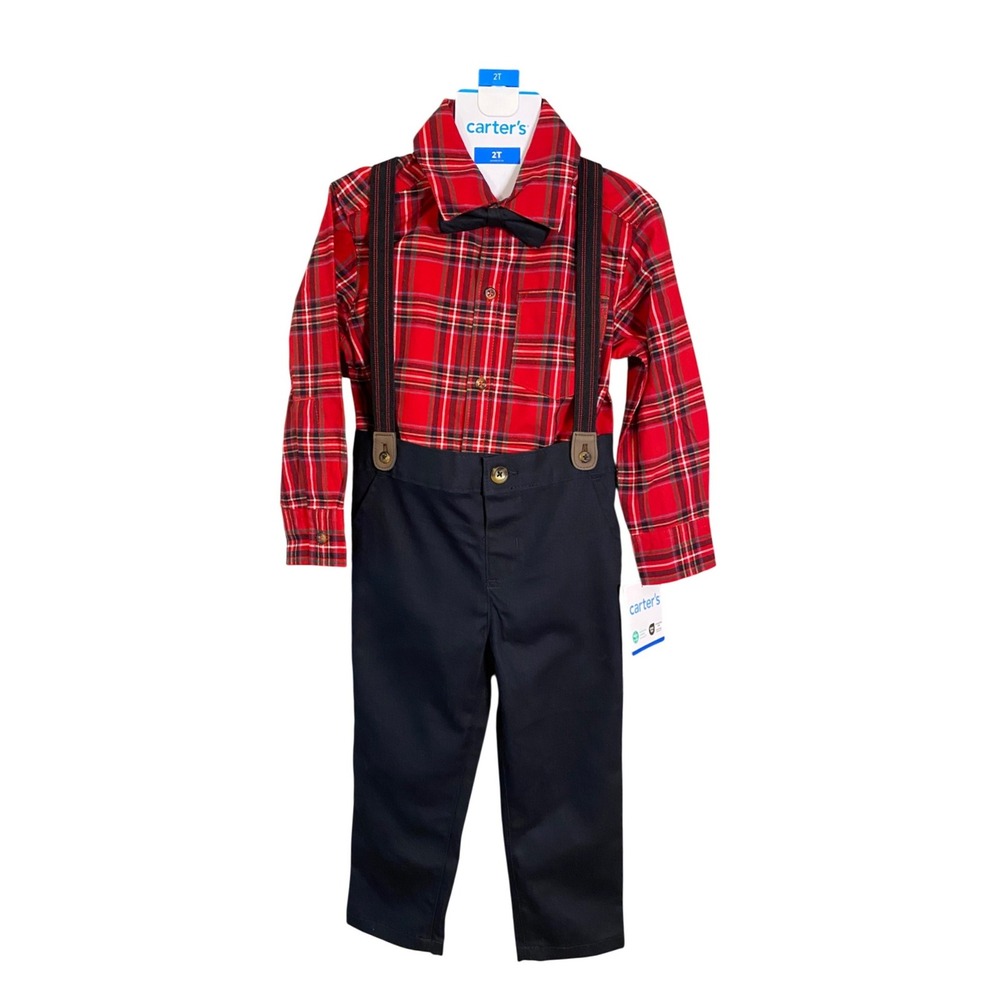 Carters Toddler Boys 4-Piece Plaid Shirt Navy Pants Suspenders Bow Tie Set 2T